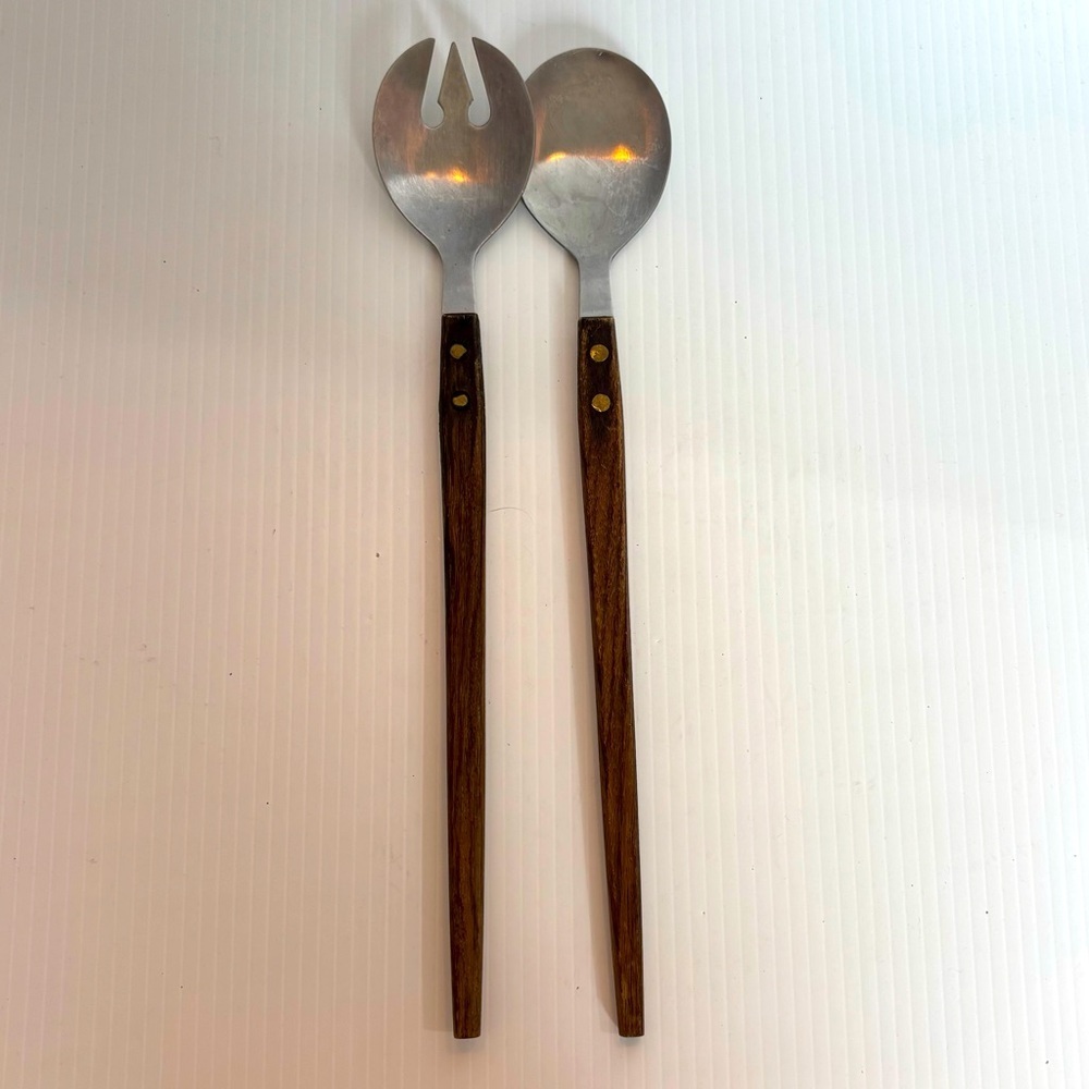 Vintage Salad Serving Set Wood Handle Stainless Rostfrei German MCM 11.5”